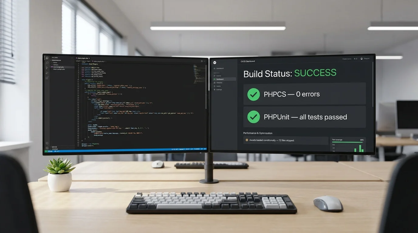Developer workstation with WordPress plugin PHP code using namespaces, nonces, and capability checks, alongside a CI panel showing PHPCS and PHPUnit tests passing.