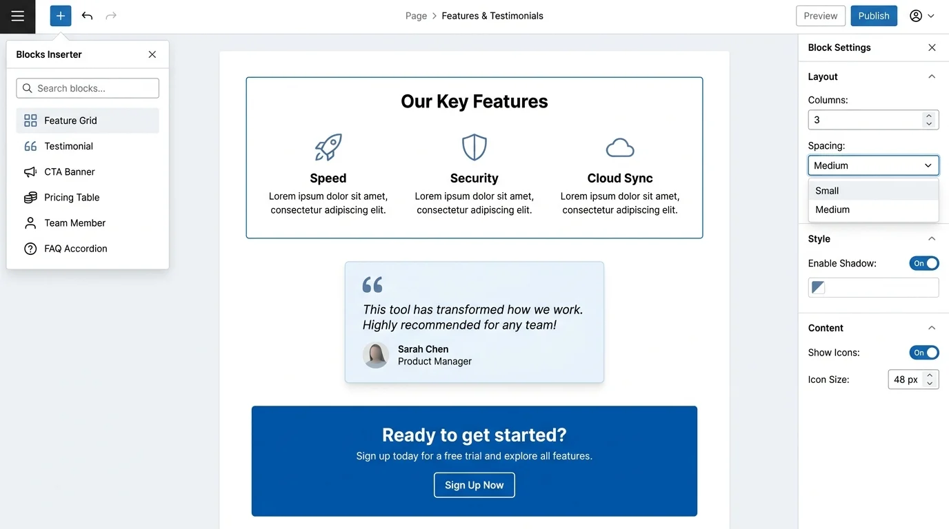 Gutenberg-style editor mockup with custom content blocks and a right sidebar showing clear settings, toggles, and role-based controls.