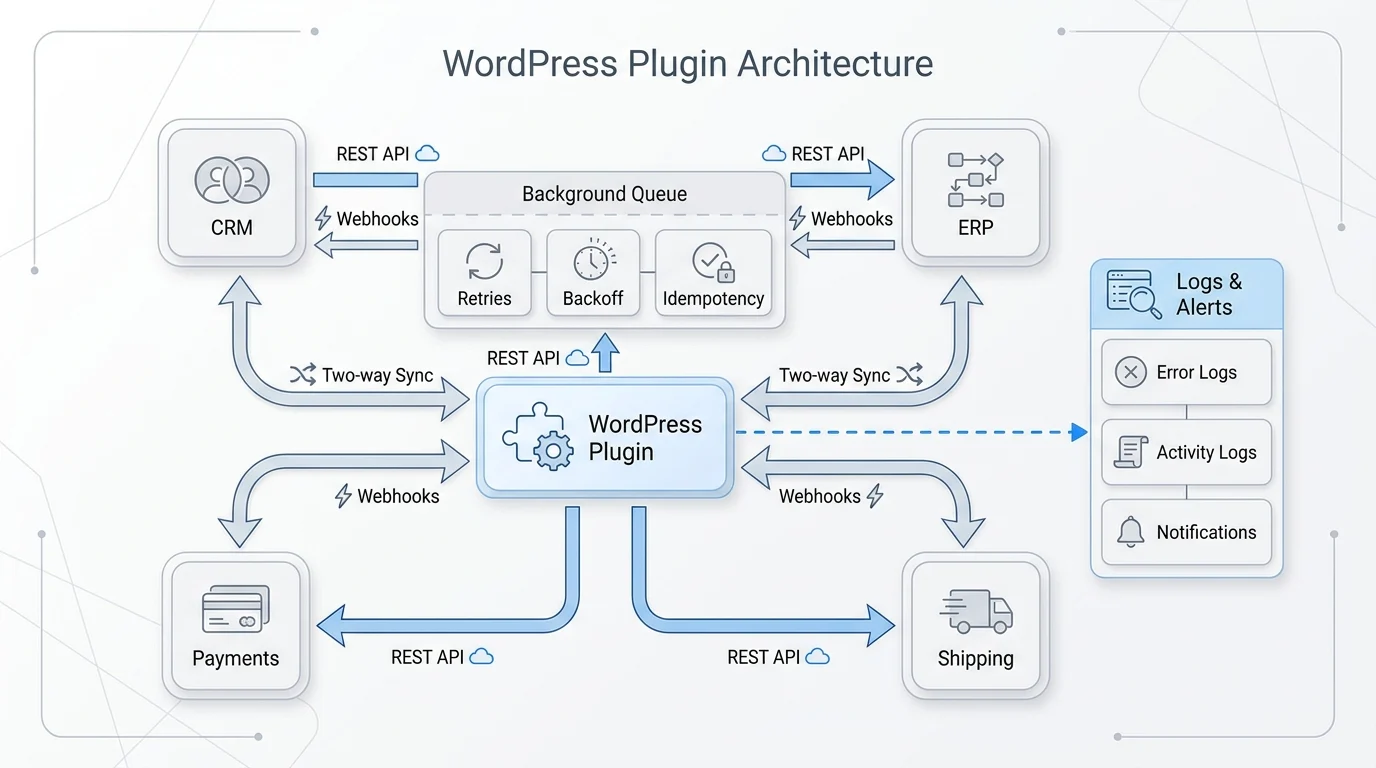 Architecture diagram showing a WordPress plugin hub syncing with CRM, ERP, payment, and shipping services via webhooks, REST APIs, background queues, retries, and monitoring.