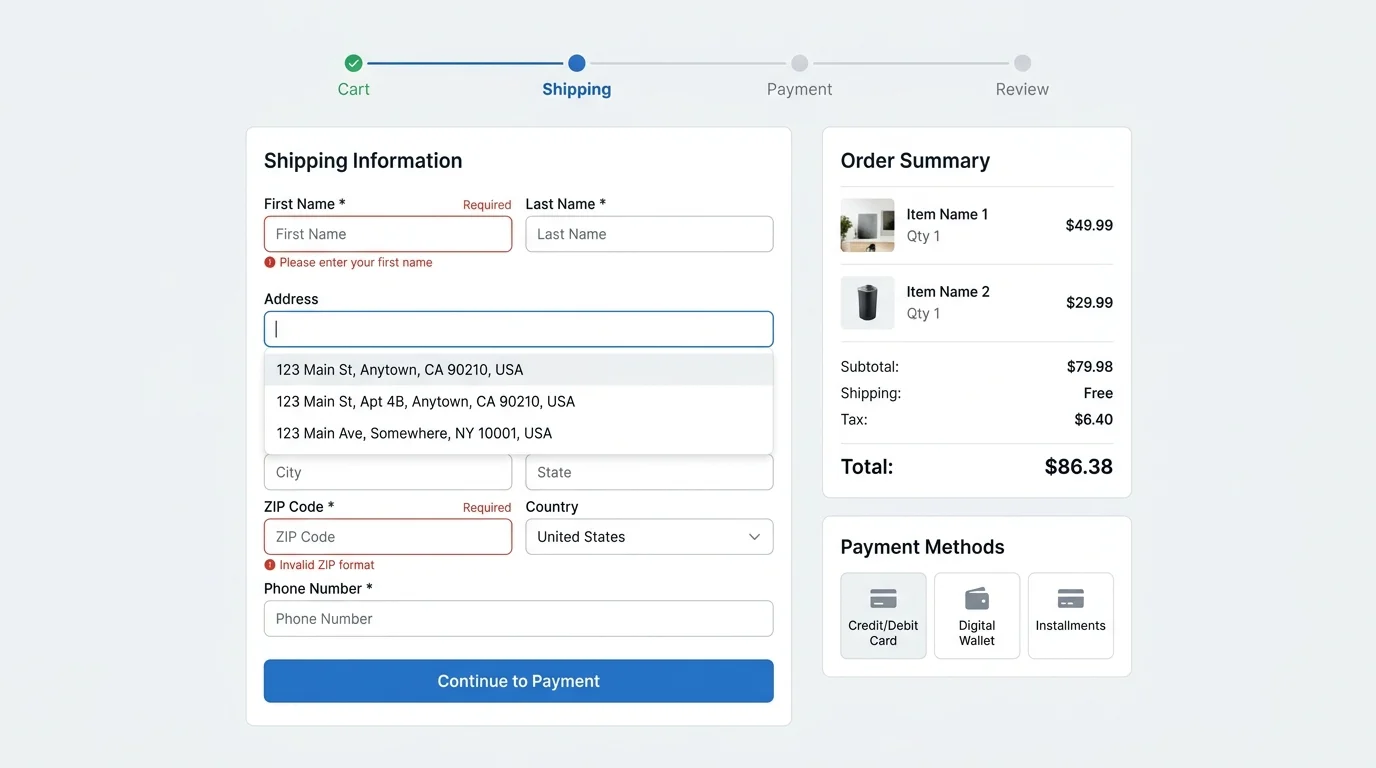 Streamlined multi-step checkout mockup with a progress bar, address autocomplete, inline validation hints, and selectable payment methods.