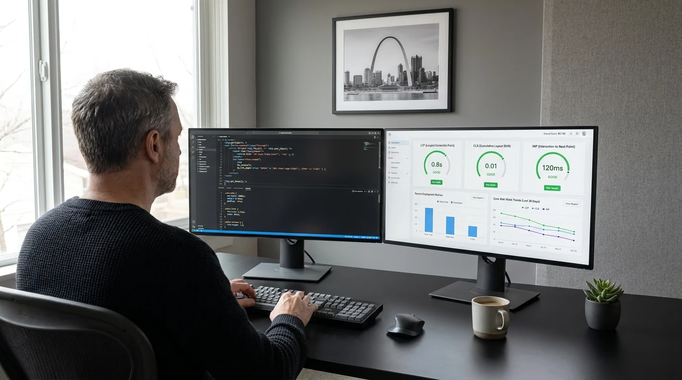 Senior developer hand-coding a custom WordPress theme while reviewing Core Web Vitals on a second monitor in a modern studio.