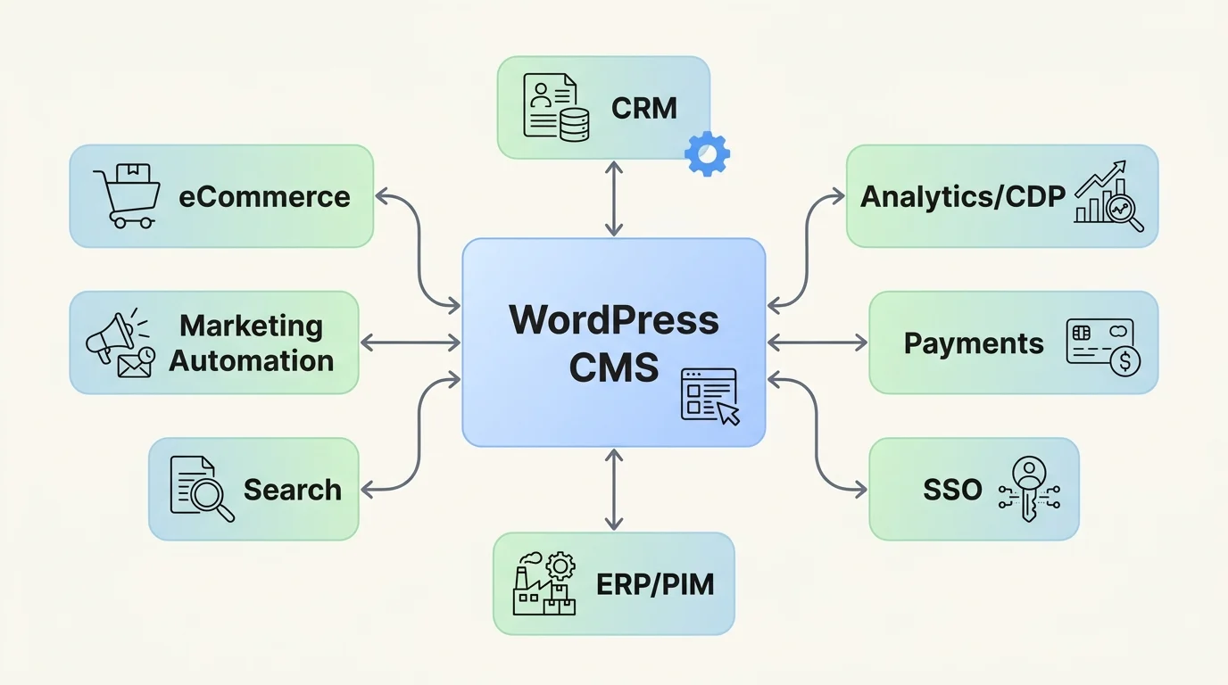 Integration diagram showing WordPress CMS at the center connected to CRM, Analytics/CDP, Payments, SSO, ERP/PIM, Search, Marketing Automation, and eCommerce.