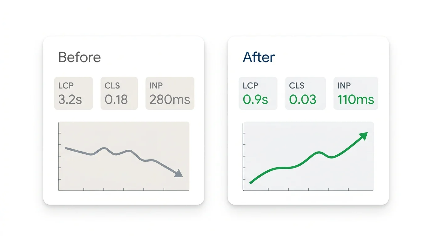 Side-by-side cards comparing Core Web Vitals before and after a rebuild, with LCP, CLS, and INP improvements and upward-trending charts.