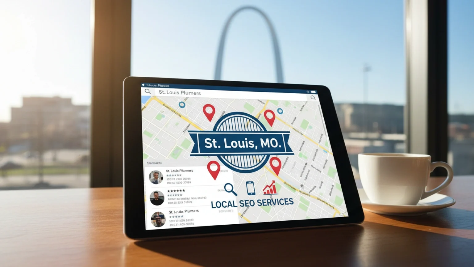 Stylized St. Louis map with neighborhood pins, a sample three-result local pack, and a generic business profile card showing hours, phone, and star ratings.