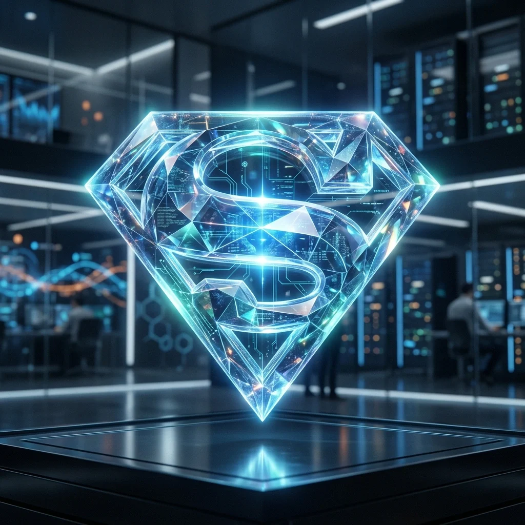Glowing futuristic Superman emblem made of transparent crystalline material with digital circuit patterns, floating in a high-tech control room.