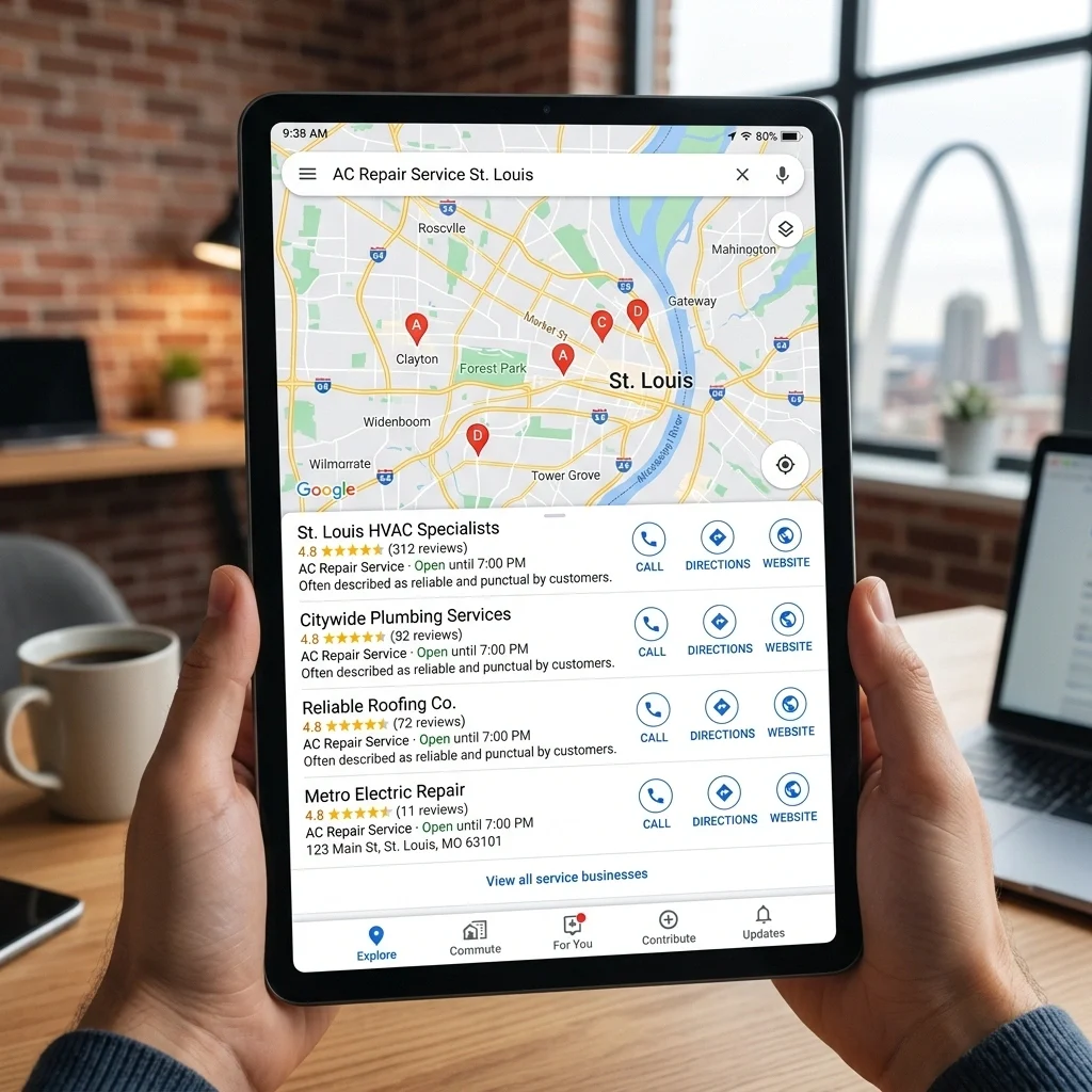 St. Louis local search results map pack showing nearby service businesses, phone calls, route buttons, and local ranking signals