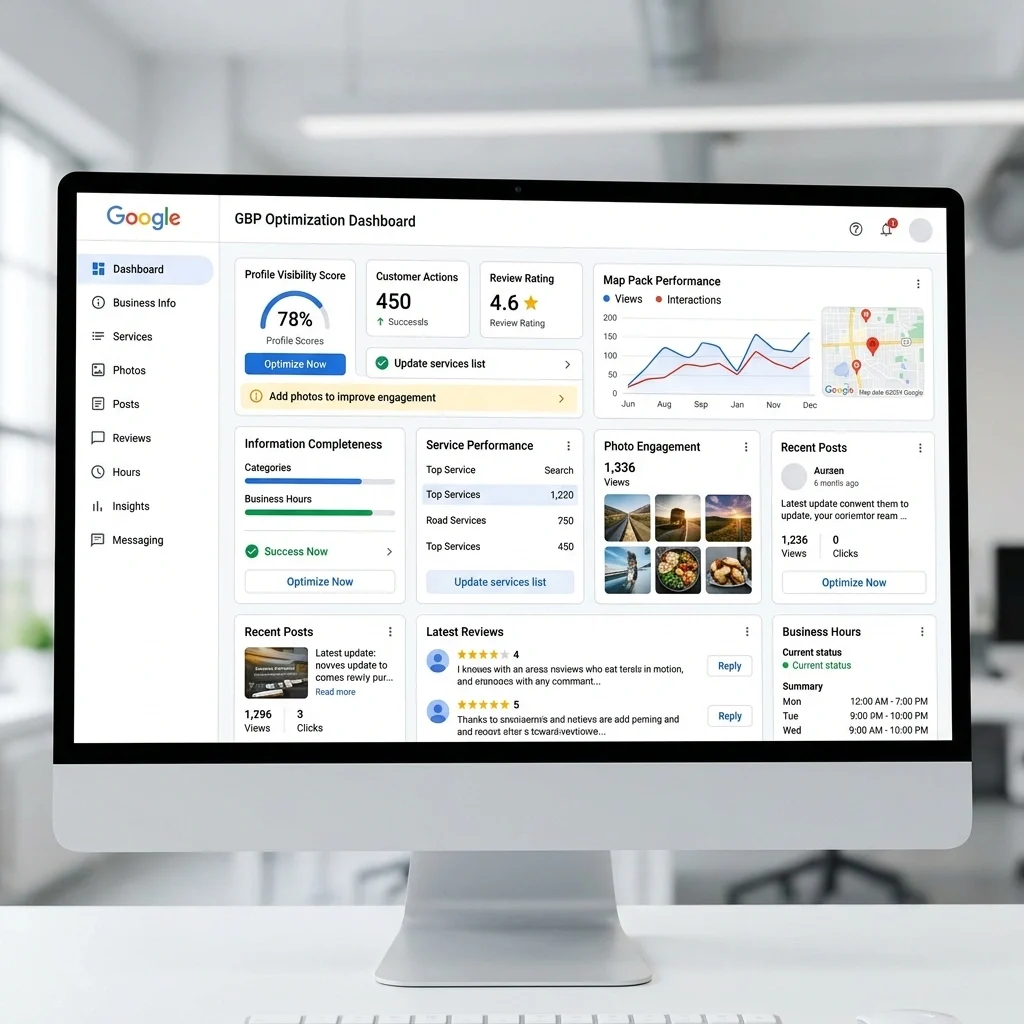 Google Business Profile optimization dashboard with categories, services, photos, posts, reviews, business hours, and map pack performance