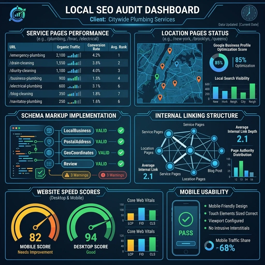 Technical local SEO website audit showing service pages, location pages, schema markup, internal links, speed scores, and mobile usability