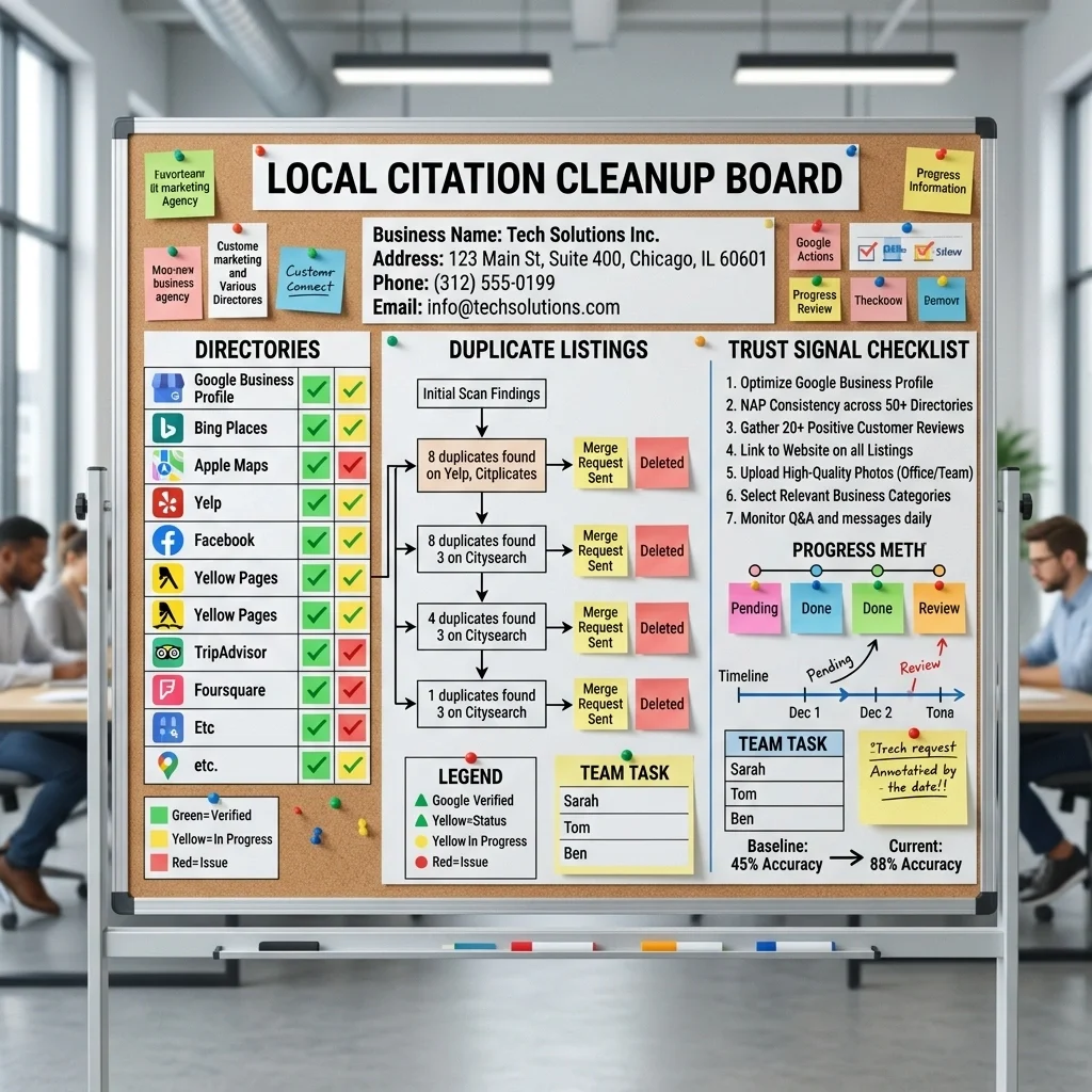 Local citation cleanup board with business name, address, phone number, directories, duplicate listings, and trust signal checklist