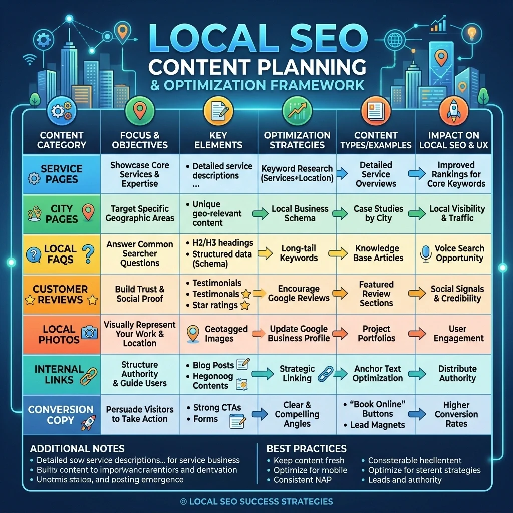 Local SEO content planning table with service pages, city pages, FAQs, reviews, photos, internal links, and conversion copy