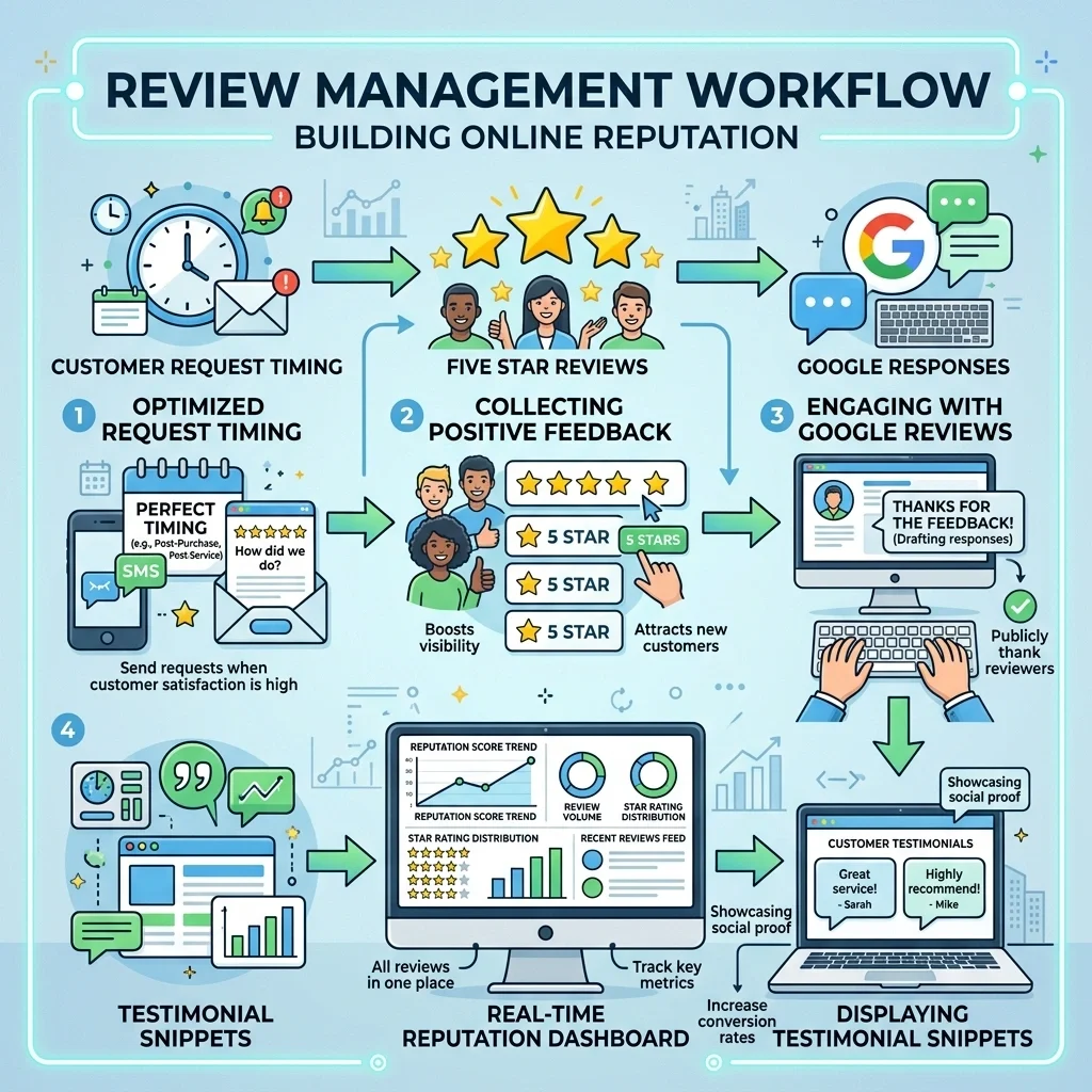 Review management workflow with customer request timing, five star reviews, Google responses, reputation dashboard, and testimonial snippets
