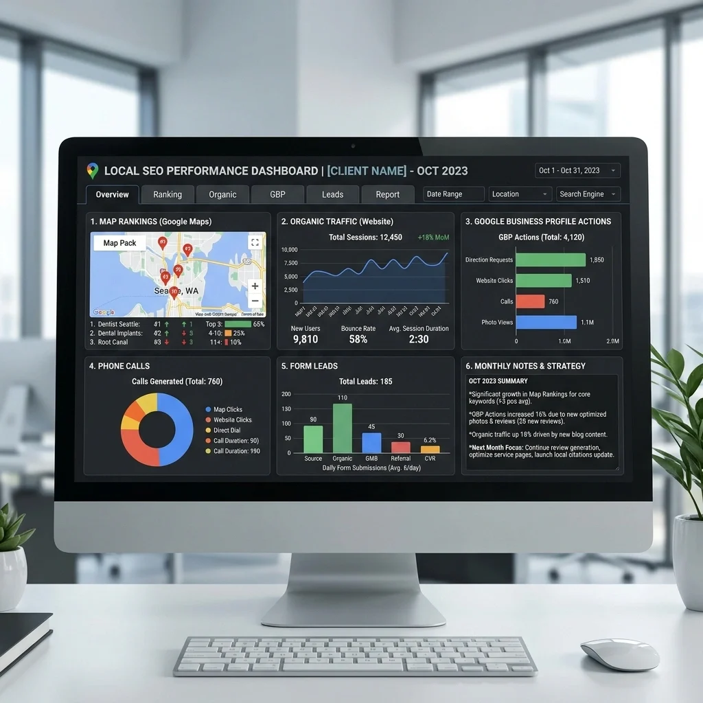 Local SEO reporting dashboard with map rankings, organic traffic, phone calls, form leads, Google Business Profile actions, and monthly notes