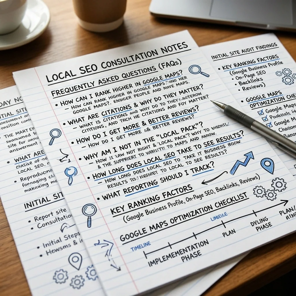 Local SEO consultation notes with frequently asked questions about rankings, Google Maps, citations, reviews, timing, and reporting