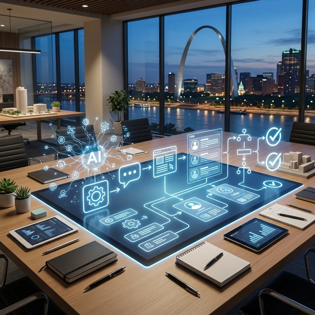 St. Louis business owner reviewing an AI services roadmap with chatbot, automation, website, CRM, and reporting workflows connected on a planning board