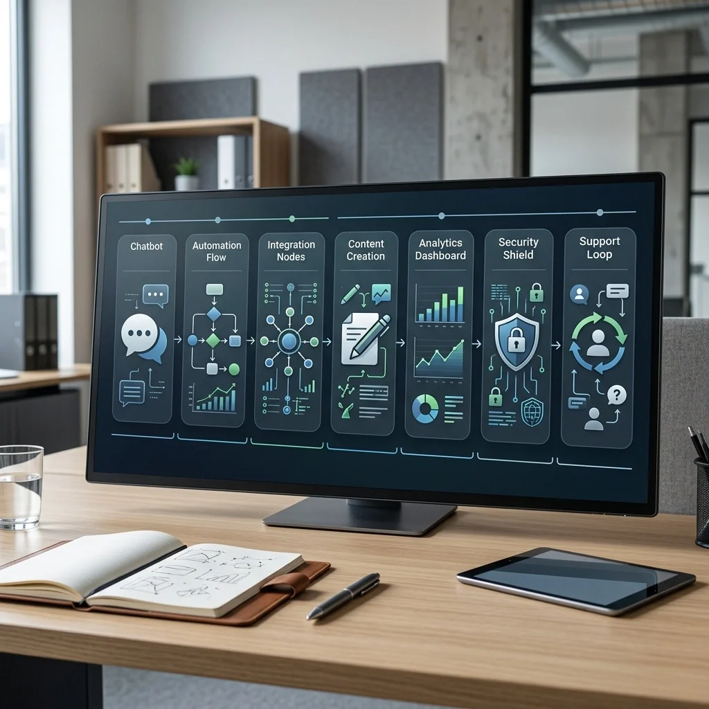 AI service menu for a St. Louis web agency showing strategy, chatbot setup, workflow automation, SEO optimization, integrations, and support cards