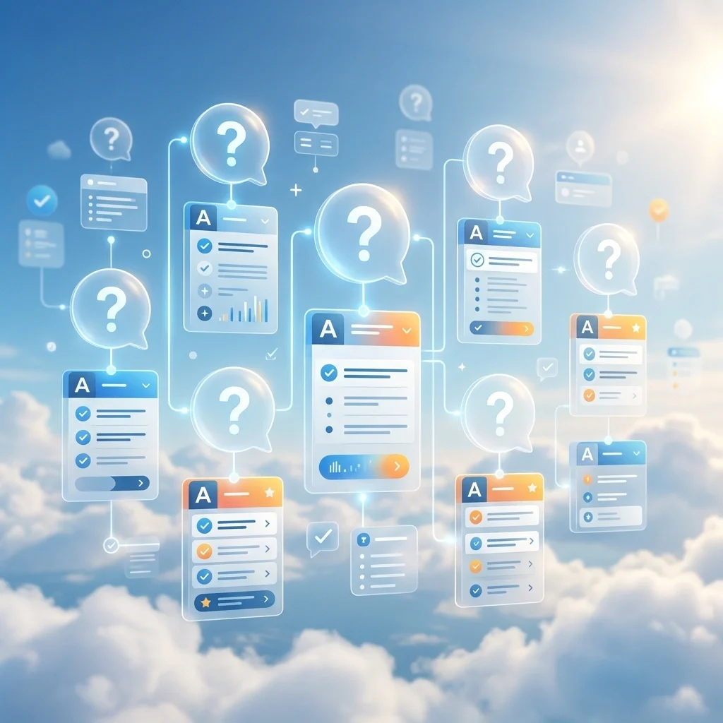 AI services FAQ board with common buyer questions about cost, timeline, chatbots, automation, privacy, integrations, and getting started in St. Louis