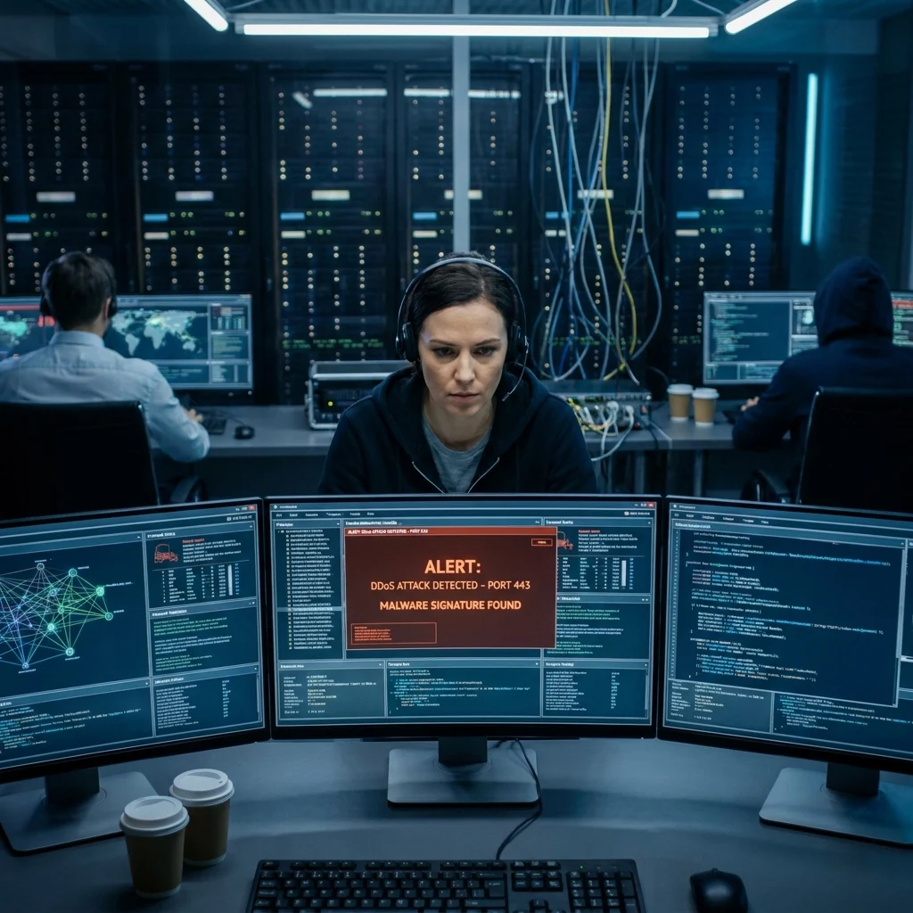 cybersecurity professional monitoring firewall alerts on multiple screens