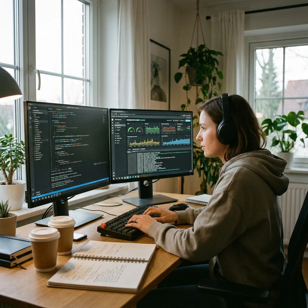 developer working at computer with dual monitors showing code and staging environment dashboard