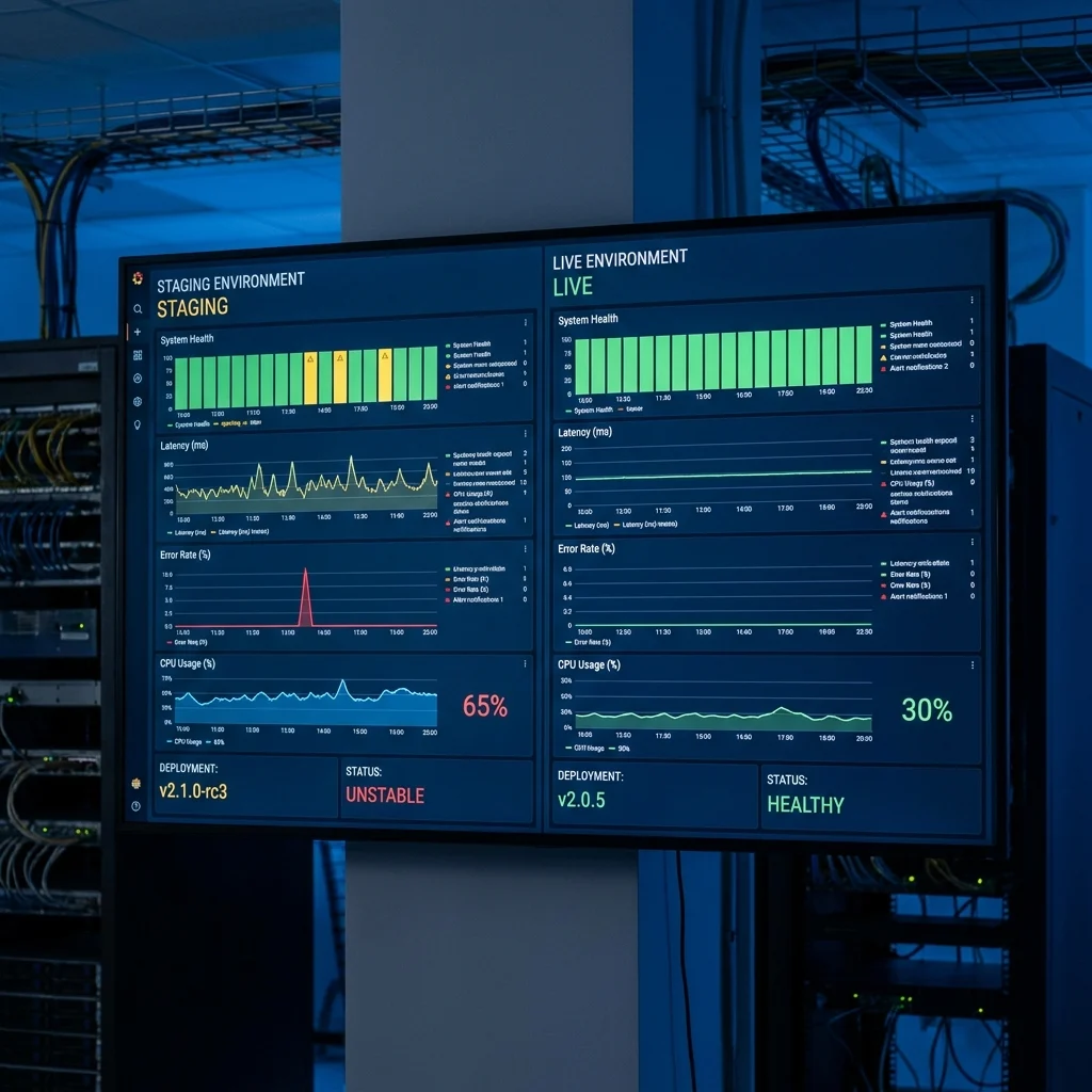 dashboard showing monitoring metrics of staging and live environments side by side