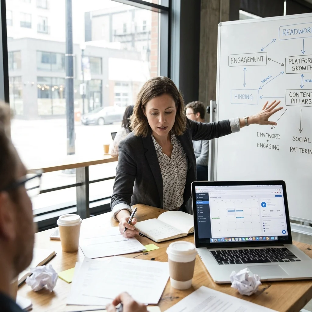 a business person planning social media strategy with a laptop and notes