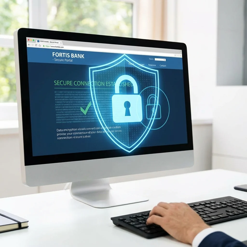 a secure website with digital shield overlay and locked padlock on computer screen